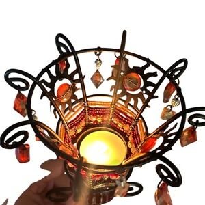 Vintage Bohemian Celestial Votive Candle Holder Bronze Beaded Sunburst Design
